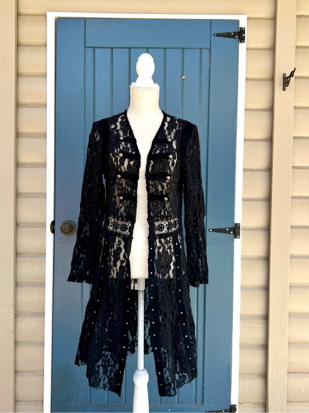 VOCAL STUDDED LACE FAUX SUEDE CARDIGAN DUSTER JACKET Size